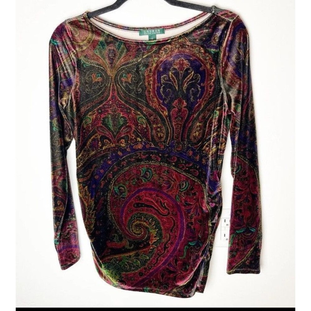 Ralph Lauren Sz M Deep Rich Paisley Polyester Velvet Tunic Top Ruched Sides